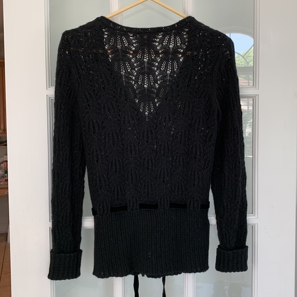 Ann Taylor wool blend crochet black cardigan with velvet tie size S. EUC. - Picture 5 of 8